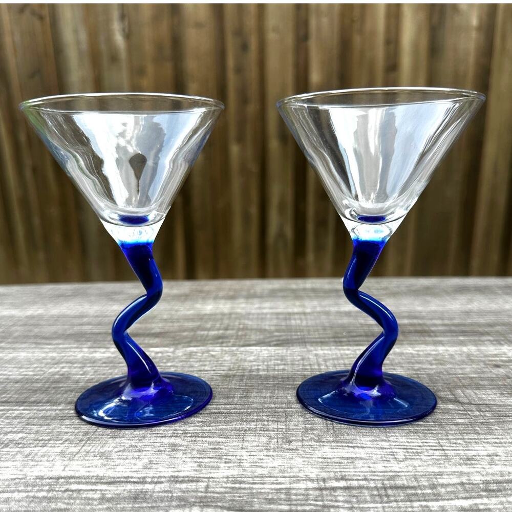 Libbey Courbe Mini Cocktail Zig Zag Stem 5" Martini Glasses Clear Cobalt Blue-2